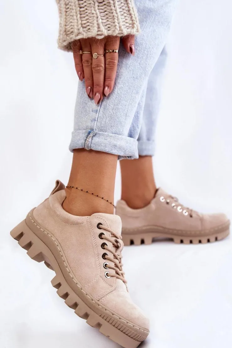 Discount Damskie buty S.Barski Damskie Zamszowe Półbuty Wiązane Beżowe Mayson