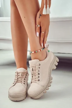 Discount Damskie buty S.Barski Damskie Zamszowe Półbuty Wiązane Beżowe Mayson