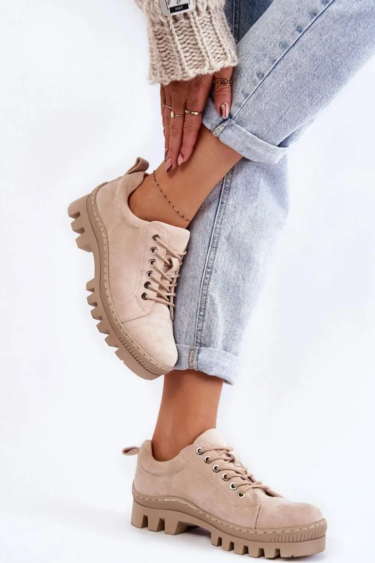 Discount Damskie buty S.Barski Damskie Zamszowe Półbuty Wiązane Beżowe Mayson