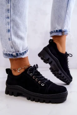 Damskie Damskie buty S.Barski Damskie Zamszowe Półbuty Wiązane Czarne Mayson