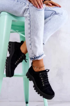 Damskie Damskie buty S.Barski Damskie Zamszowe Półbuty Wiązane Czarne Mayson