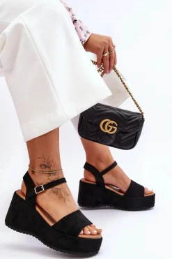 Boto Sandały Na Koturnie*Damskie Zamszowe Sandałki Na Koturnie Czarne Lydia