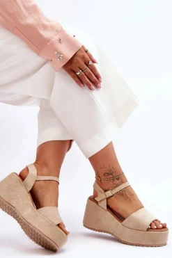 Discount Boto Damskie Zamszowe Sandałki Na Koturnie Beżowe Lydia