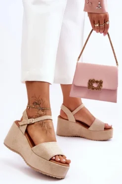 Discount Boto Damskie Zamszowe Sandałki Na Koturnie Beżowe Lydia