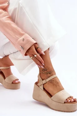 Discount Boto Damskie Zamszowe Sandałki Na Koturnie Beżowe Lydia