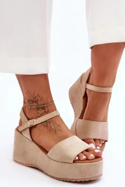 Discount Boto Damskie Zamszowe Sandałki Na Koturnie Beżowe Lydia