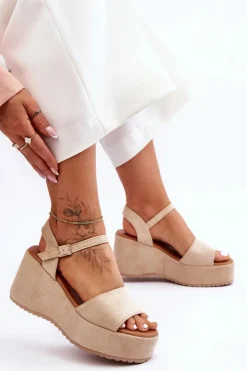 Discount Boto Damskie Zamszowe Sandałki Na Koturnie Beżowe Lydia