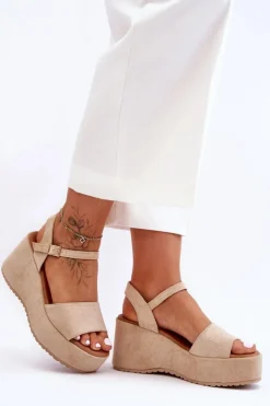 Discount Boto Damskie Zamszowe Sandałki Na Koturnie Beżowe Lydia