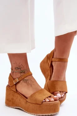 Online Boto Damskie Zamszowe Sandałki Na Koturnie Camel Lydia