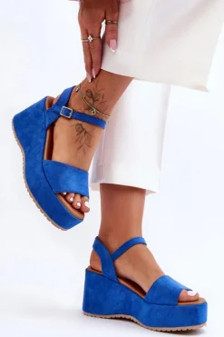 Damskie Boto Damskie Zamszowe Sandałki Na Koturnie Niebieskie Lydia