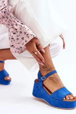 Damskie Boto Damskie Zamszowe Sandałki Na Koturnie Niebieskie Lydia