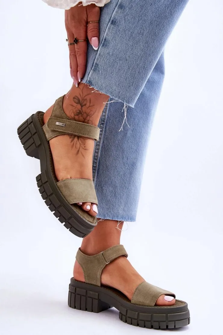 Sale Big Star Shoes Damskie Zamszowe Sandały Big Star LL276033 Zielone