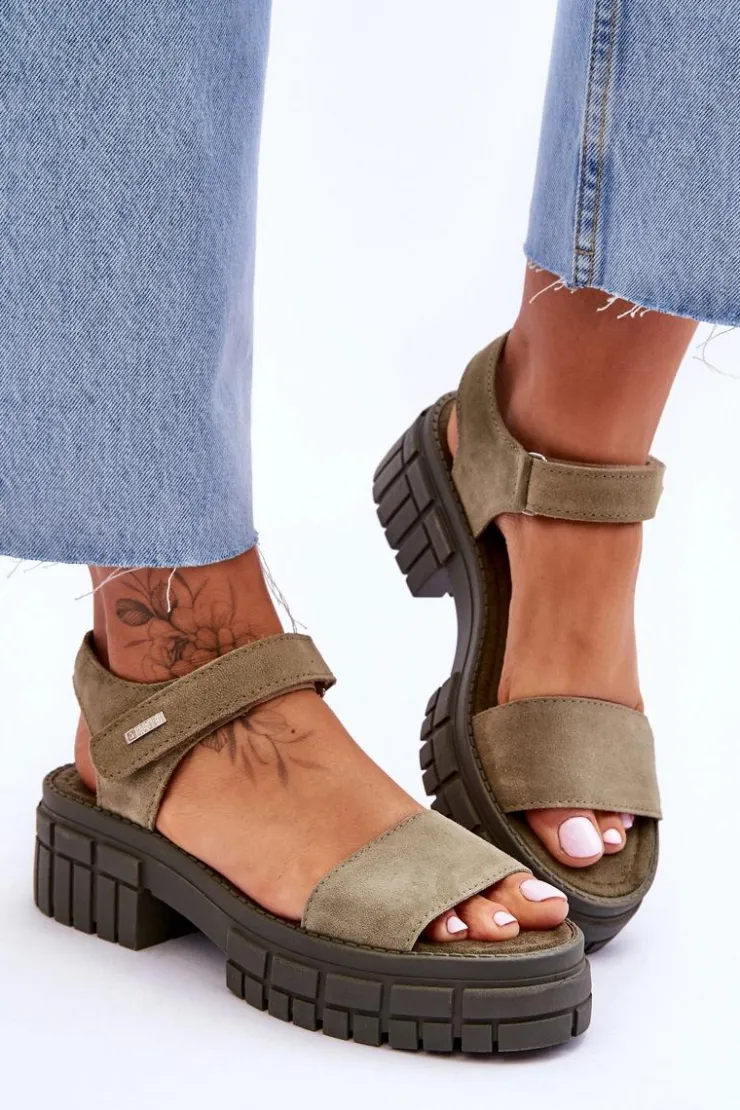 Sale Big Star Shoes Damskie Zamszowe Sandały Big Star LL276033 Zielone