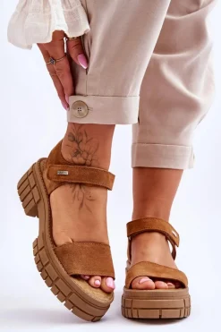 Big Star Shoes Sandały Big Star|Sandały Płaskie*Damskie Zamszowe Sandały Big Star LL276032 Camel