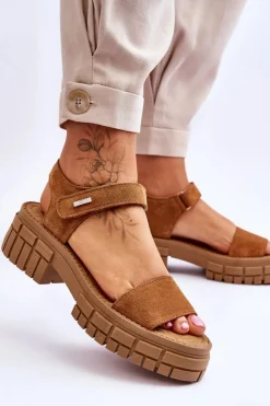 Big Star Shoes Sandały Big Star|Sandały Płaskie*Damskie Zamszowe Sandały Big Star LL276032 Camel