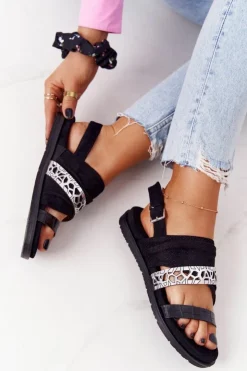 Damskie Evento Damskie Zamszowe Sandały Czarno-Srebrne Asturia