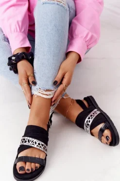 Damskie Evento Damskie Zamszowe Sandały Czarno-Srebrne Asturia