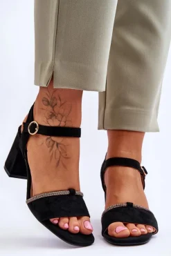 Evento Sandały Na Obcasie*Damskie Zamszowe Sandały Na Niskim Słupku Czarne Loredo