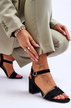 Evento Sandały Na Obcasie*Damskie Zamszowe Sandały Na Niskim Słupku Czarne Loredo