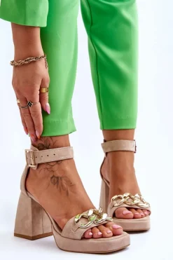 Boto Sandały Na Obcasie*Damskie Zamszowe Sandały Na Masywnym Obcasie Lewski Shoes 3207 Beżowe