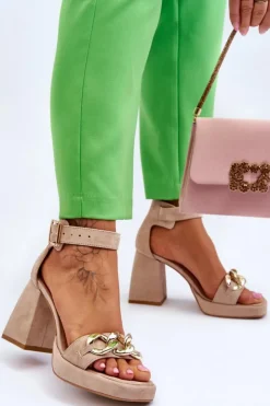 Boto Sandały Na Obcasie*Damskie Zamszowe Sandały Na Masywnym Obcasie Lewski Shoes 3207 Beżowe