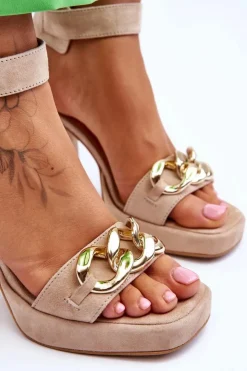 Boto Sandały Na Obcasie*Damskie Zamszowe Sandały Na Masywnym Obcasie Lewski Shoes 3207 Beżowe