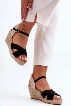 Boto Sandały Na Koturnie*Damskie Zamszowe Sandały Na Plecionym Koturnie Czarne Tessa