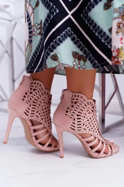 Boto Sandały Na Obcasie*Damskie Zamszowe Sandały na Szpilce Pudrowy Róż Viviane