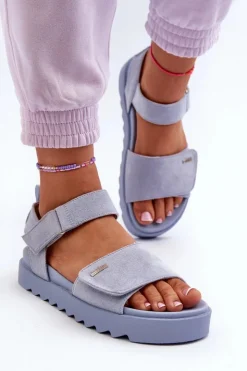 Big Star Shoes Sandały Big Star|Sandały Płaskie*Damskie Zamszowe Sandały Na Platformie Big Star NN274706 e Niebieski