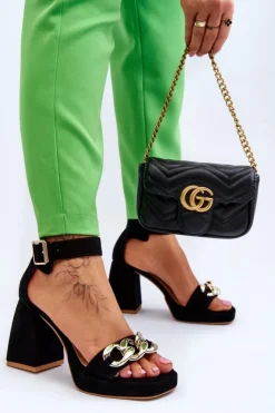 Best Boto Damskie Zamszowe Sandały Na Masywnym Obcasie Lewski Shoes 3207 Czarne Czarny