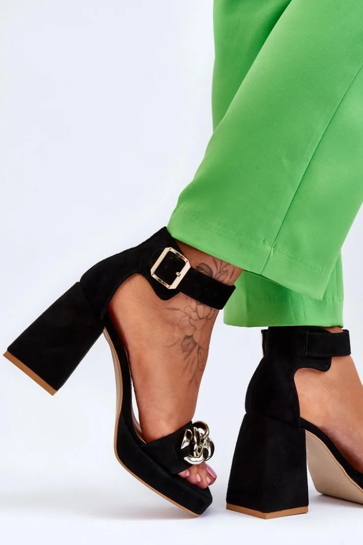 Best Boto Damskie Zamszowe Sandały Na Masywnym Obcasie Lewski Shoes 3207 Czarne Czarny