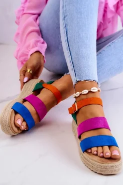 Boto Sandały Na Koturnie*Damskie Zamszowe Sandały Na Sprzączkę Multikolor Corestra