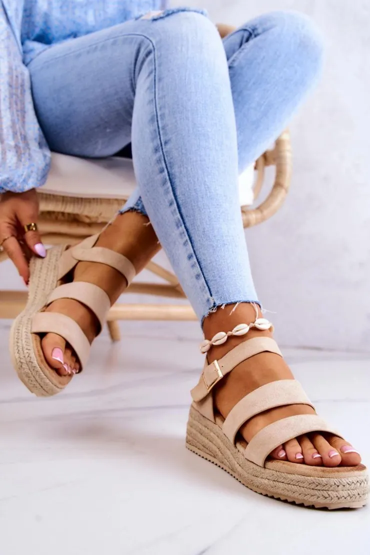 Damskie Boto Damskie Zamszowe Sandały Na Sprzączkę Beżowe Corestra