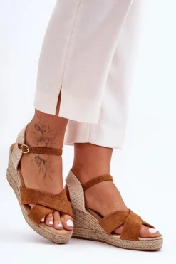 Discount Boto Damskie Zamszowe Sandały Na Plecionym Koturnie Camel Tessa