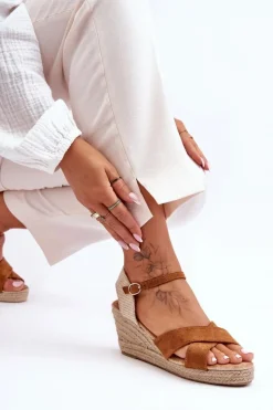 Discount Boto Damskie Zamszowe Sandały Na Plecionym Koturnie Camel Tessa