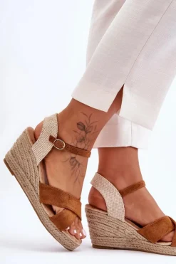 Discount Boto Damskie Zamszowe Sandały Na Plecionym Koturnie Camel Tessa