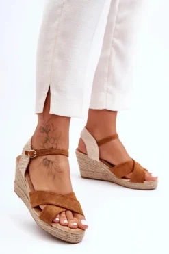 Discount Boto Damskie Zamszowe Sandały Na Plecionym Koturnie Camel Tessa