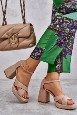 Boto Damskie Zamszowe Sandały Na Obcasie Lewski Shoes 3221 Beżowe