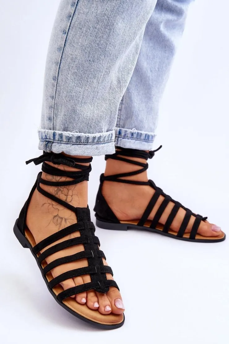 Sale Boto Damskie Zamszowe Sandały Rzymianki Czarne Sempre