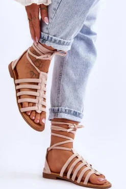 Boto Sandały Płaskie*Damskie Zamszowe Sandały Rzymianki Beżowe Sempre