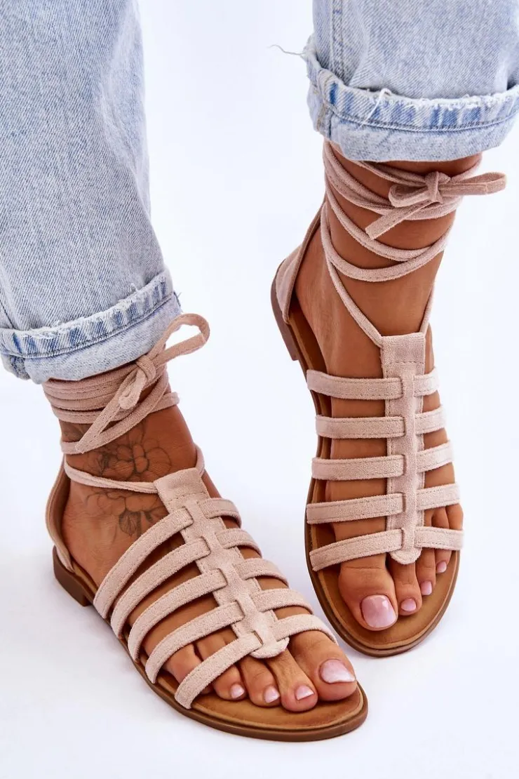 Boto Sandały Płaskie*Damskie Zamszowe Sandały Rzymianki Beżowe Sempre