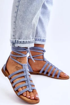 Boto Sandały Płaskie*Damskie Zamszowe Sandały Rzymianki Niebieskie Sempre