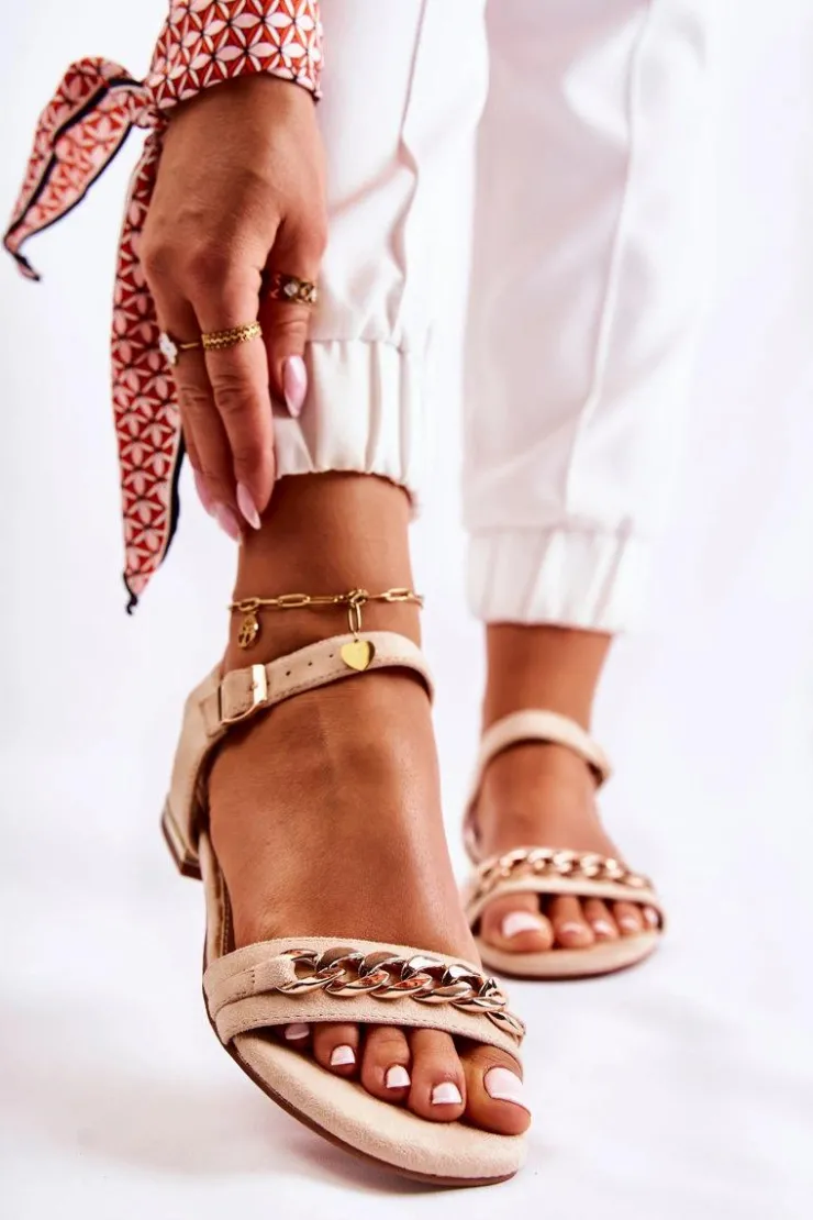 Buty damskie Vinceza Sandały Płaskie*Damskie Zamszowe Sandały Z Łańcuchem Beżowe Norine