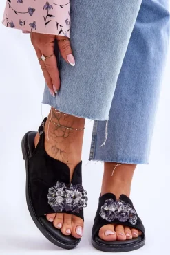 Buty damskie Vinceza Sandały Płaskie*Damskie Zamszowe Sandały Z Kamieniami Czarne Mersea