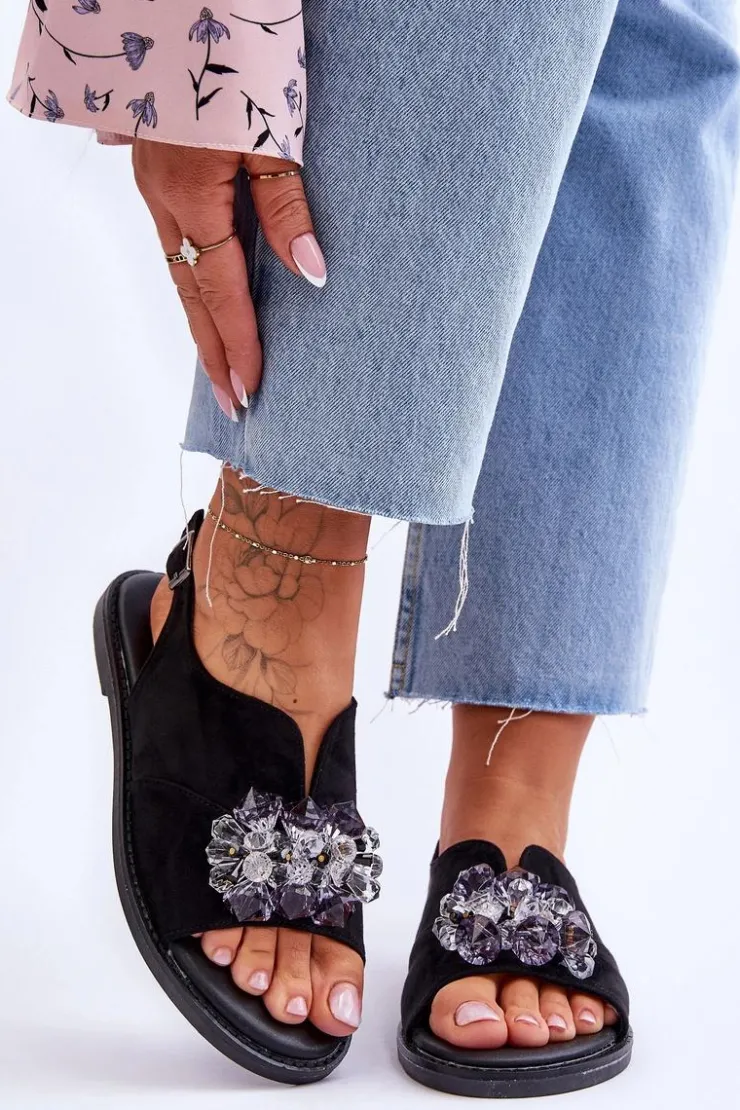 Buty damskie Vinceza Sandały Płaskie*Damskie Zamszowe Sandały Z Kamieniami Czarne Mersea