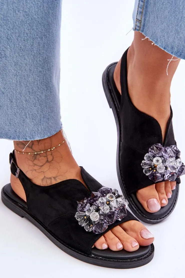 Buty damskie Vinceza Sandały Płaskie*Damskie Zamszowe Sandały Z Kamieniami Czarne Mersea