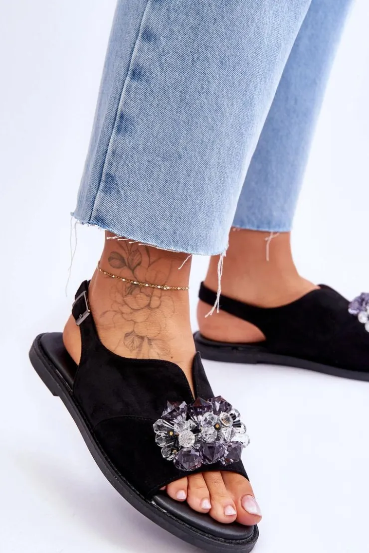 Buty damskie Vinceza Sandały Płaskie*Damskie Zamszowe Sandały Z Kamieniami Czarne Mersea