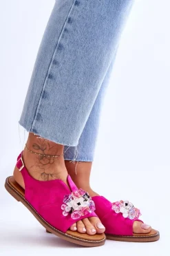 Buty damskie Vinceza Sandały Płaskie*Damskie Zamszowe Sandały Z Kamieniami Fuksja Mersea