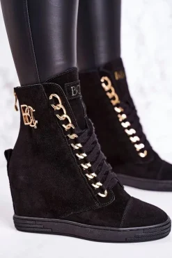 Sale Boto Damskie Zamszowe Sneakersy BOOCI 2222/066/z Złoty Łańcuch Czarne
