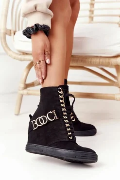 Boto Sneakersy Damskie|Botki Na Koturnie*Damskie Zamszowe Sneakersy BOOCI 2222 Złote Litery Czarne